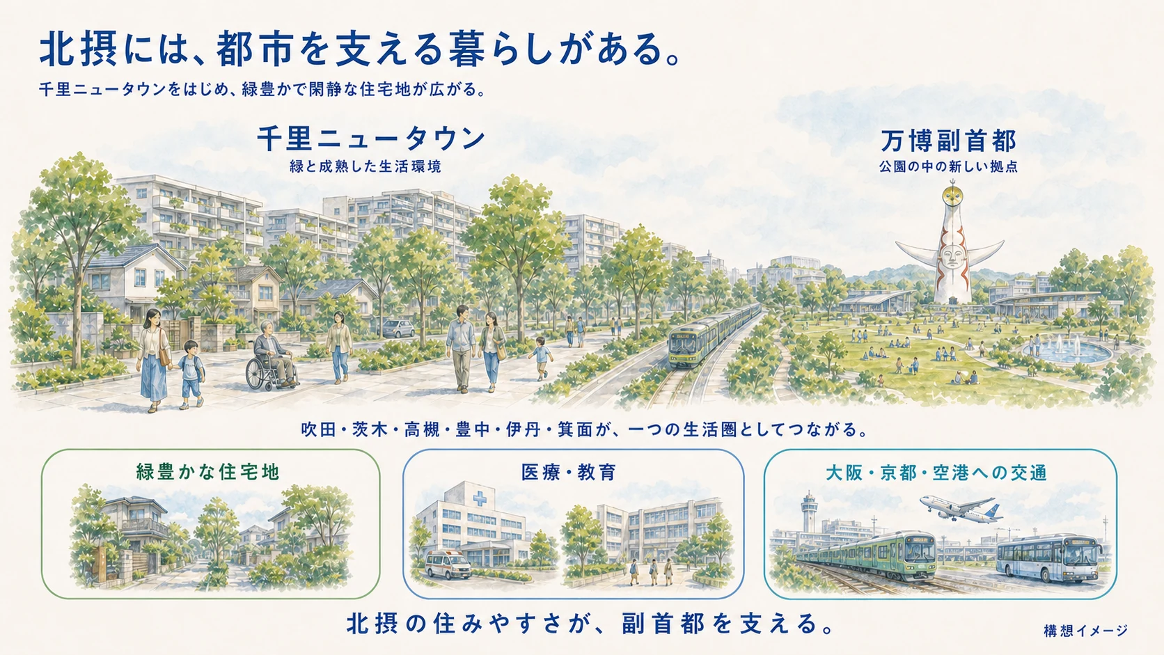 千里ニュータウンの緑豊かな住宅地と万博記念公園(副首都)、医療、教育、交通のつながり